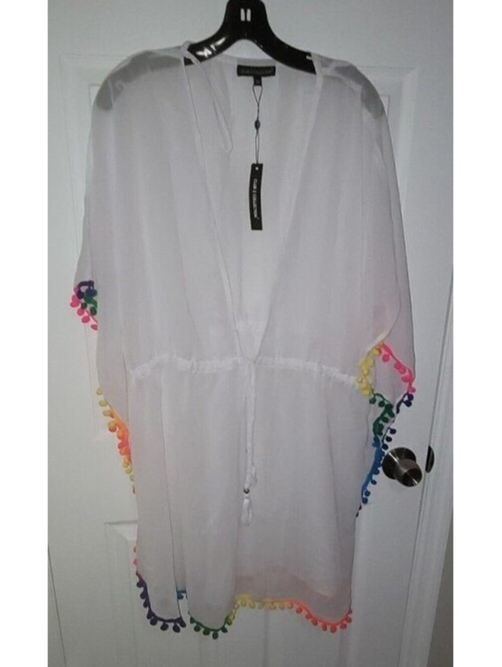 NWT CLUB Z COLLECTION RAINBOW POM POM TRIM WHITE BEACH COVERUP SIZE: 3X